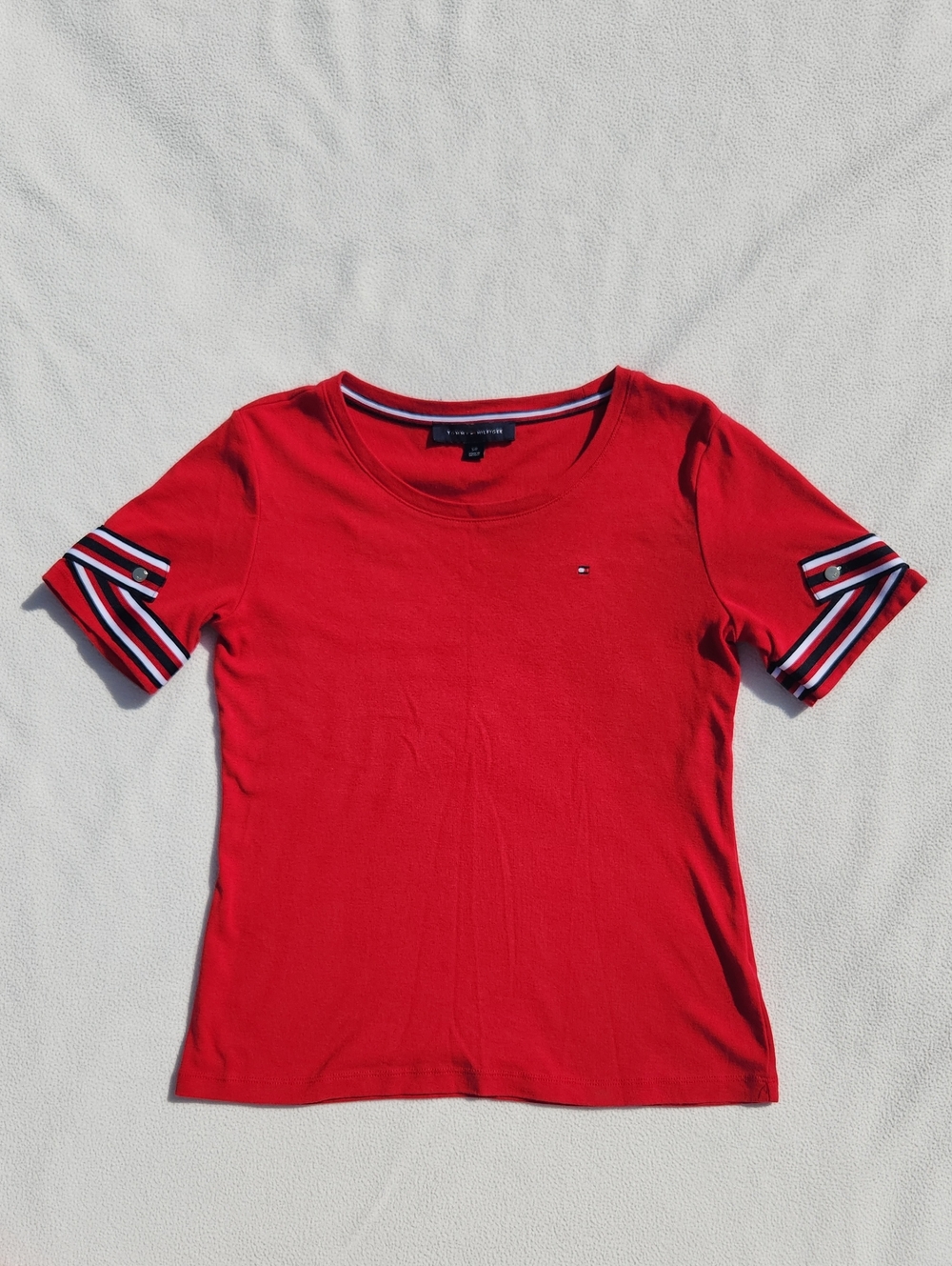 ​Tommy Hilfiger Red Scoop Neck Top Striped Button Sleeve Cuffs - Size S